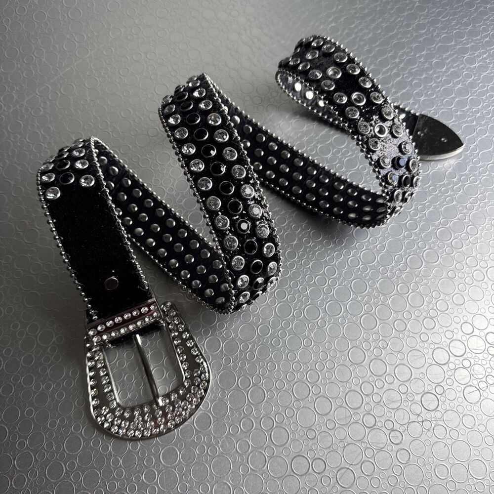 Western Rhinestone Bling Belt Large L Black Glitter Studded Y2K Cowgirl Womens